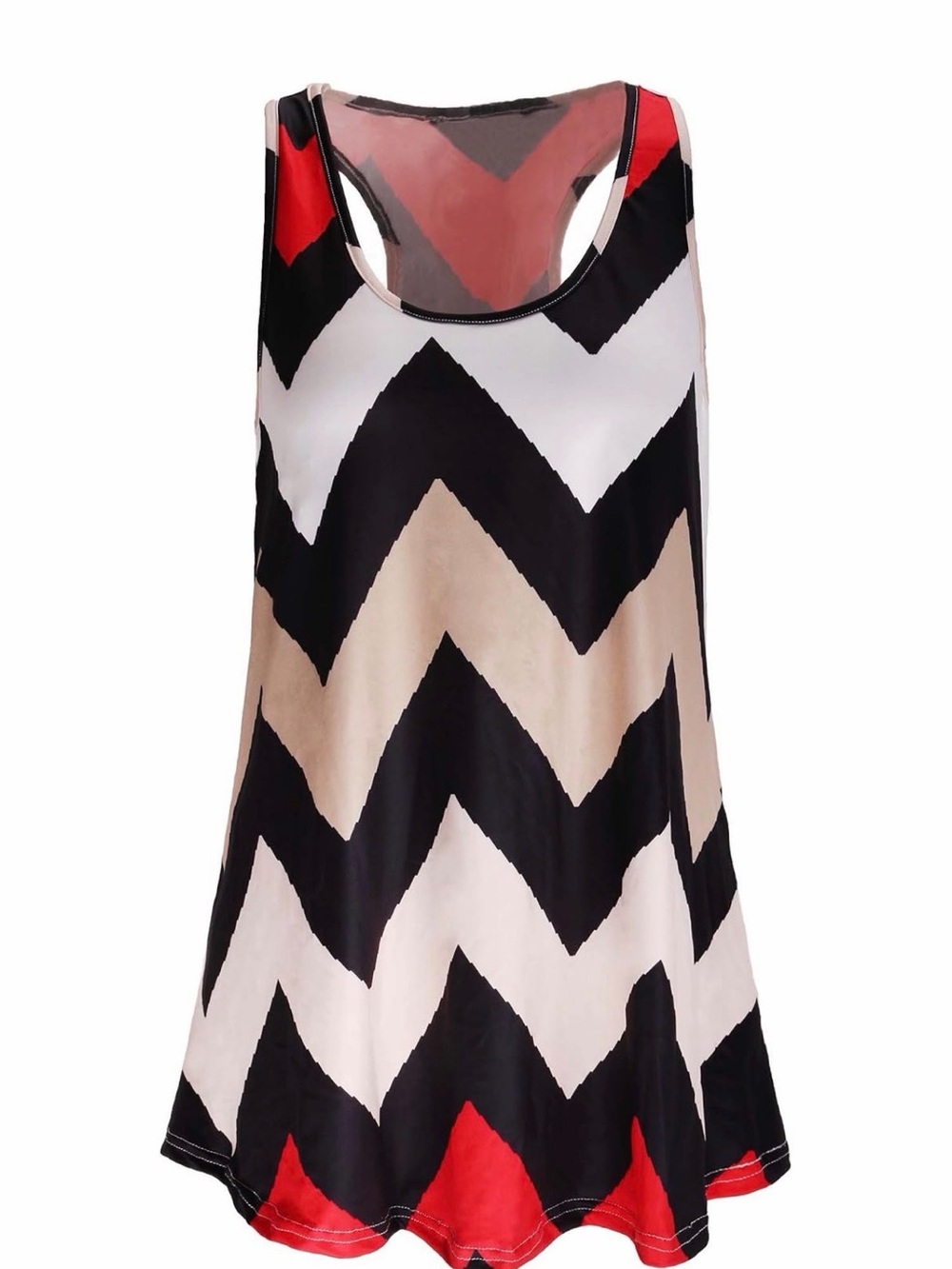 Chevron-Print Sleeveless, Racer-Back Tank Top Tunic in Black, White, Beige & Red